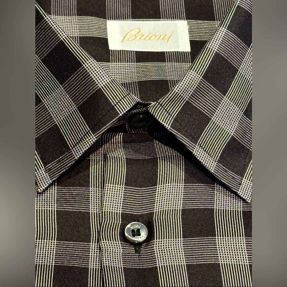 $2300 NEW L/IV 43/44 17/17.5 BRIONI DRESS SHIRT 100% SILK BLACK GRAY CHECK PLAID